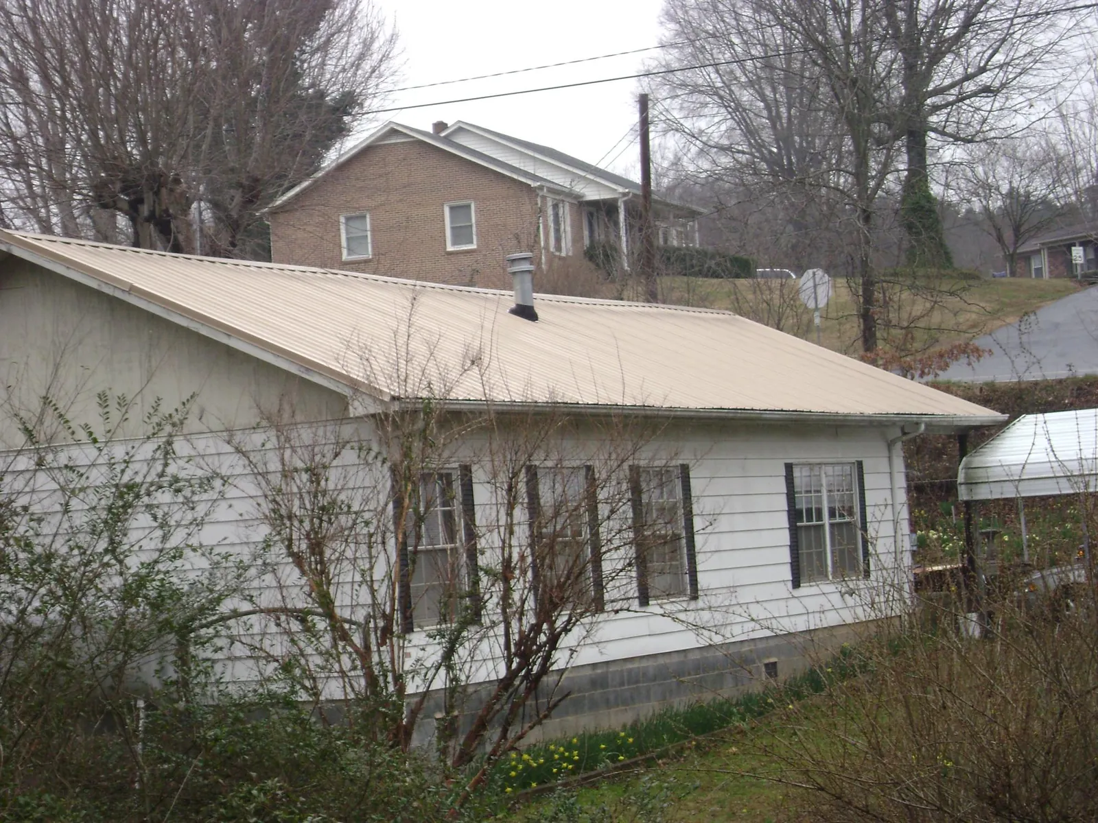 Tan metal roof on a white sided house set into a hillside — Commercial Roofing by Roofing Brothers in Alderson